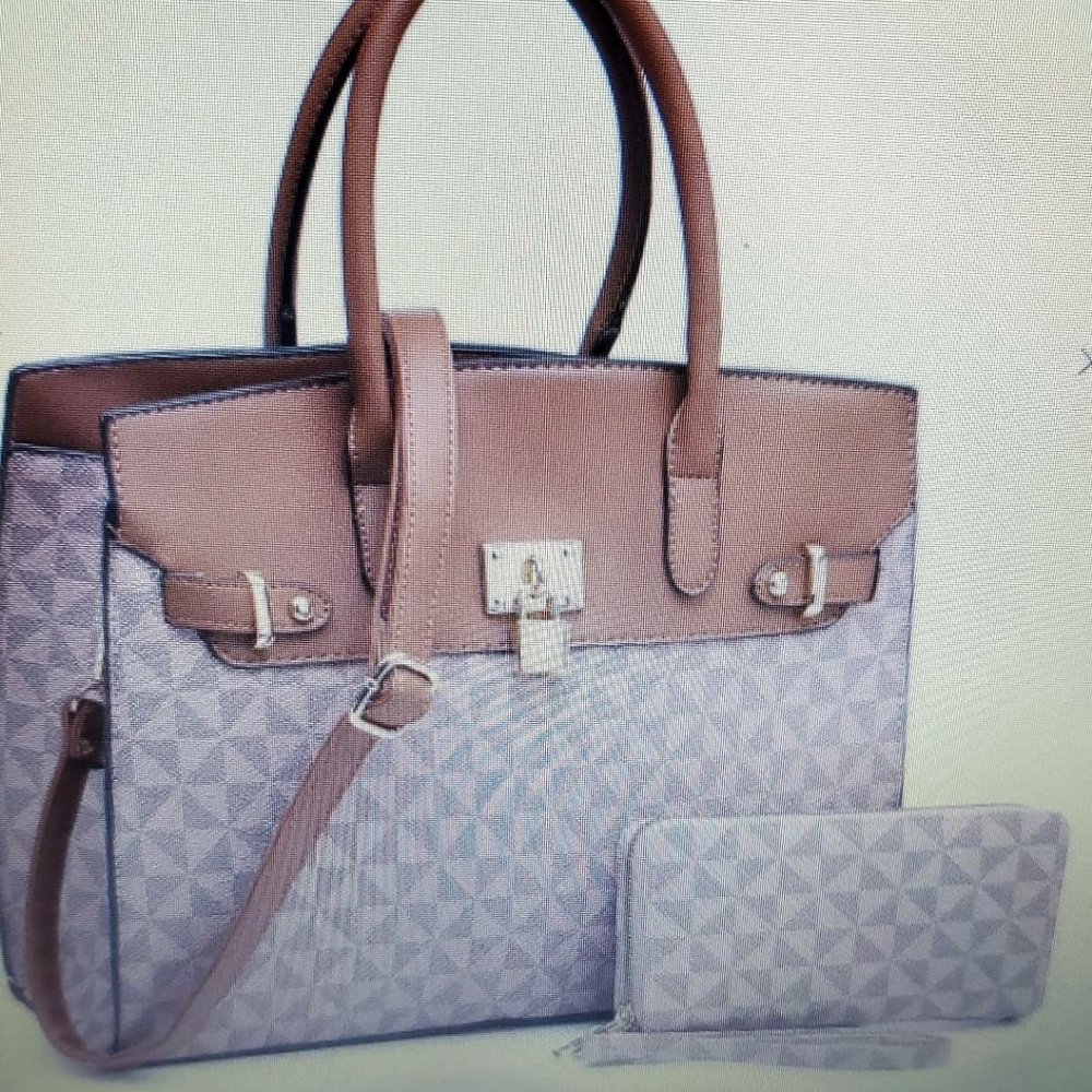 Pink and brown bag with wallet to match.